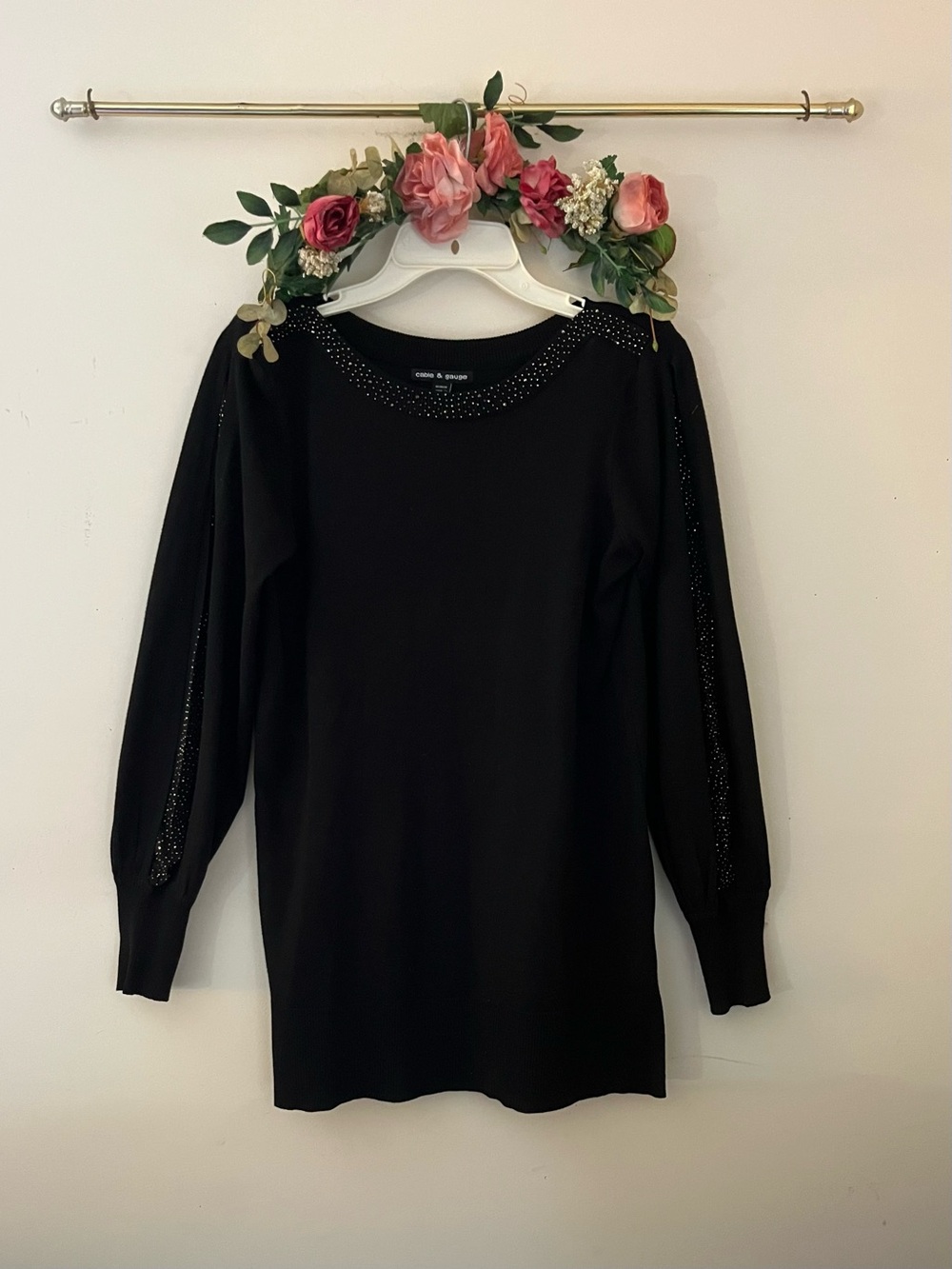 Cable & Gauge Black Crewneck Sweater with Sparkle Accents